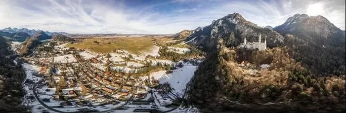 Framed Print : 360 Aerial panorama drone shot of picturesque Neuschwanstein Castle on snowy hill in winter sunlight in Germany Framed Print : 360 Aerial panorama drone shot of picturesque Neuschwanstein Castle on snowy hill in winter sunlight in Germany