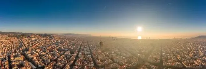 Framed Print : 360 aerial panorama drone shot of skyline in Barcelona city center in foggy sunrise golden hour in Spain winter Framed Print : 360 aerial panorama drone shot of skyline in Barcelona city center in foggy sunrise golden hour in Spain winter