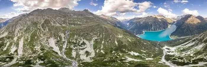 Framed Print : 360 aerial panorama view of Glacier reservoir in Zillertal Alps in Austria Framed Print : 360 aerial panorama view of Glacier reservoir in Zillertal Alps in Austria