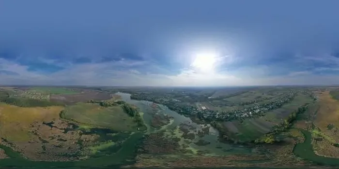 Framed Print : 360-degree Aerial panorama small town fields, trees, river with pattern at cloudy day Framed Print : 360-degree Aerial panorama small town fields, trees, river with pattern at cloudy day