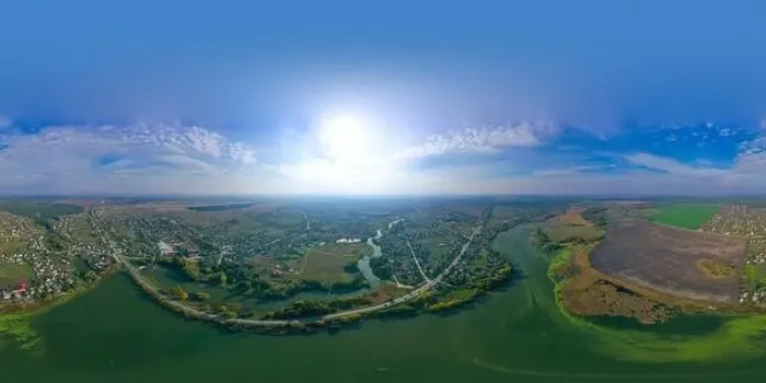 Framed Print : 360-degree pano of Aerial view over the middle of a large river Framed Print : 360-degree pano of Aerial view over the middle of a large river