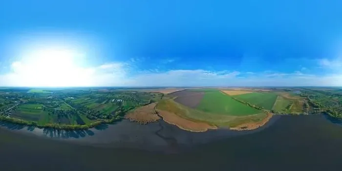 Framed Print : 360-degree pano of Aerial view over the middle of a large river Framed Print : 360-degree pano of Aerial view over the middle of a large river