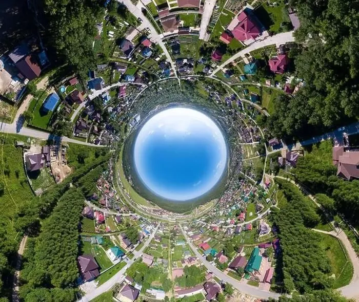 Framed Print : 360 degree panoramic aerial drone view of an abstract world turned inside out planet earth with many houses in Framed Print : 360 degree panoramic aerial drone view of an abstract world turned inside out planet earth with many houses in
