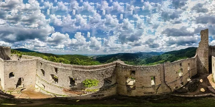 Framed Print : 360-degree panoramic aerial view from drone to Vosges mountains and ruins of medieval castle Spesbourg Framed Print : 360-degree panoramic aerial view from drone to Vosges mountains and ruins of medieval castle Spesbourg