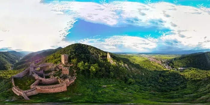 Framed Print : 360-degree panoramic aerial view from drone to Vosges mountains and ruins of medieval castles Saint-Ulrich and Girsberg Framed Print : 360-degree panoramic aerial view from drone to Vosges mountains and ruins of medieval castles Saint-Ulrich and Girsberg
