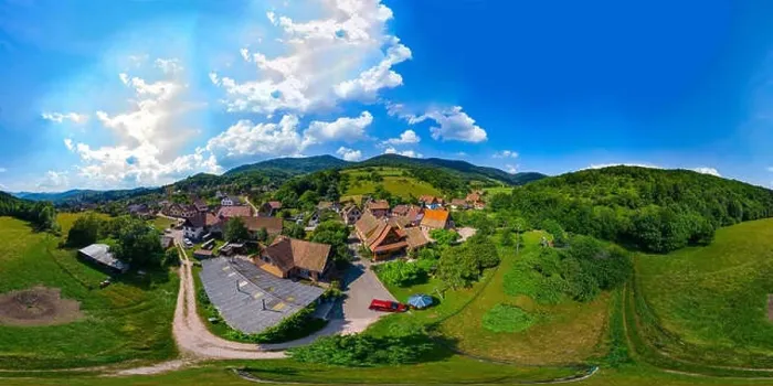 Framed Print : 360-degree spherical panoramic view of little village Breitenbach in Vosges mountains, Alsace, France