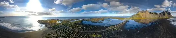 Framed Print : 360 degrees Icelandic aerial landscape of the black sand beach in Stokksnes Framed Print : 360 degrees Icelandic aerial landscape of the black sand beach in Stokksnes
