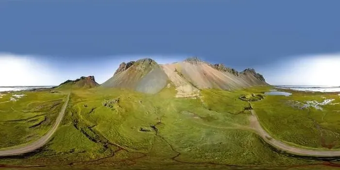 Framed Print : 360 degrees Icelandic aerial landscape with a viking village in Stokksnes Framed Print : 360 degrees Icelandic aerial landscape with a viking village in Stokksnes