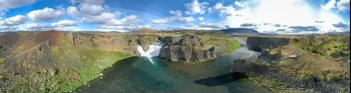 Framed Print : 360 degrees Icelandic aerial panorama landscape. Panorama of the Hjalparfoss waterfall and the lagoon on a sunny day Framed Print : 360 degrees Icelandic aerial panorama landscape. Panorama of the Hjalparfoss waterfall and the lagoon on a sunny day