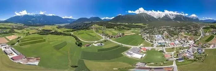 Framed Print : 360 Panorama Aerial view of mieming mountain range in Obermieming valley village in Tyrol Austria Framed Print : 360 Panorama Aerial view of mieming mountain range in Obermieming valley village in Tyrol Austria