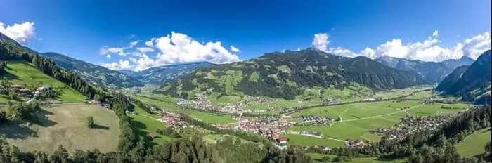 Framed Print : 360 Panorama Aerial view of Zillertal Valley village in sunny summer afternoon in Tyrol Austria