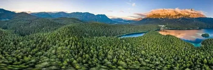 Framed Print : 360 panoramic aerial view of Alpenglow on Zugspitze with fog by Eibseelake in Germany Framed Print : 360 panoramic aerial view of Alpenglow on Zugspitze with fog by Eibseelake in Germany