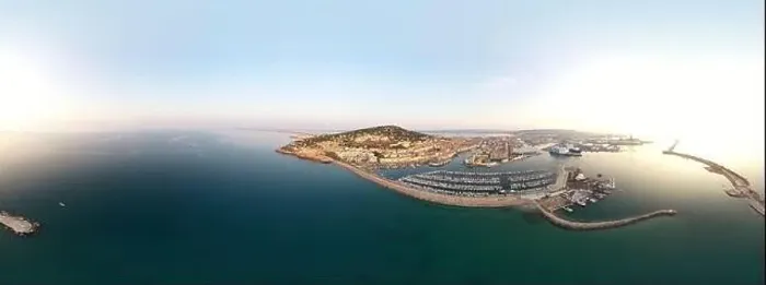 Framed Print : 360º Aerial panorama of the city of Sète and the port, during sunrise, in the Hérault department in Occitanie, France