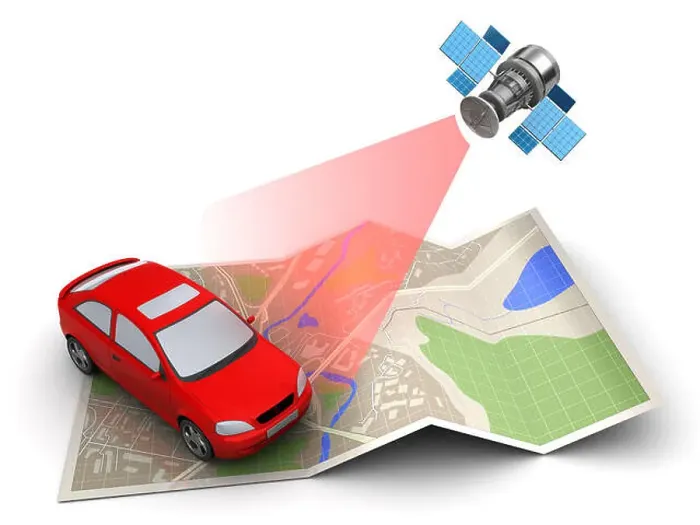 Framed Print : 3d illustration of car location tracking with satellite navigation