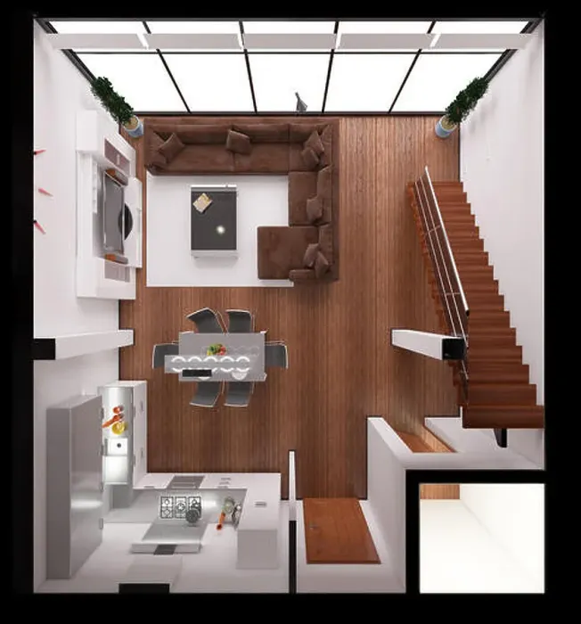 Framed Print : 3D Interior rendering of a modern tiny loft Framed Print : 3D Interior rendering of a modern tiny loft