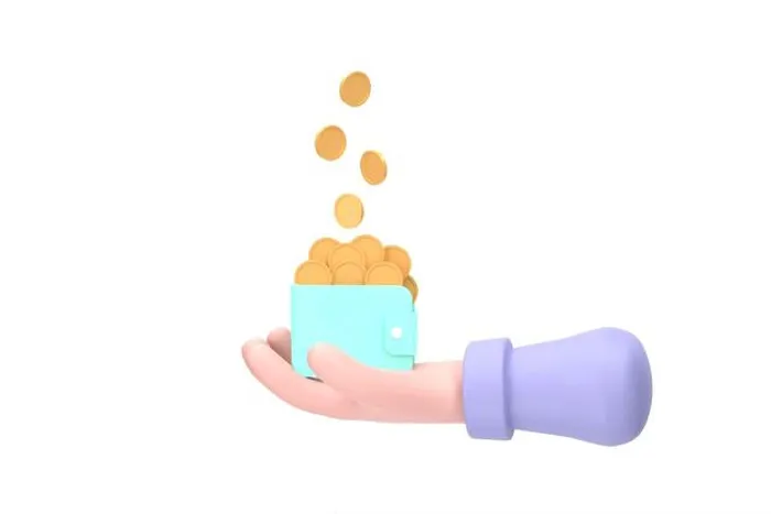 Framed Print : 3D. Money rain, hands holding a wallet with coins