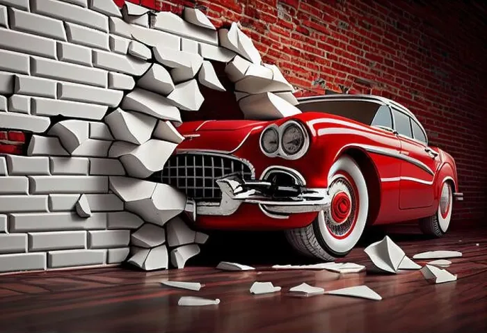 Framed Print : 3d mural wallpaper broken wall bricks and a classic red car. Painted design for children and kid's bedroom wallpaper