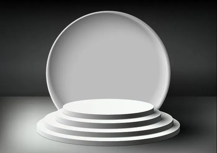 Framed Print : 3D realistic empty white podium platform stand level step display with white circle backdrop on black background Framed Print : 3D realistic empty white podium platform stand level step display with white circle backdrop on black background