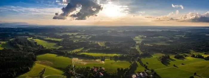 Framed Print : 4K Bad Tölz, Isar Valley, Germany Bavaria. Alps Karwendel mountain. Sunset Aerial shot in June