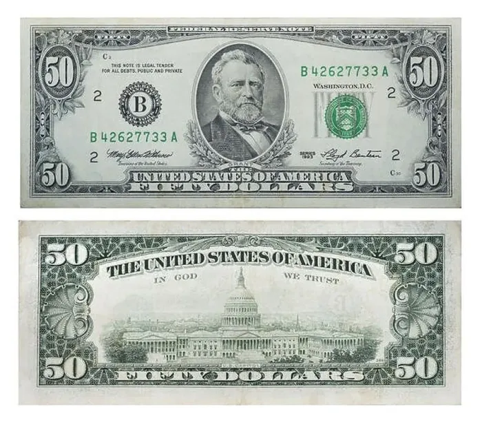 Framed Print : 50 American dollars of the old sample - 1993, front side and backside Framed Print : 50 American dollars of the old sample - 1993, front side and backside