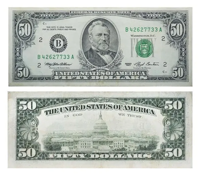 Framed Print : 50 American dollars of the old sample, 1993, front side and backside, Ukraine Framed Print : 50 American dollars of the old sample, 1993, front side and backside, Ukraine