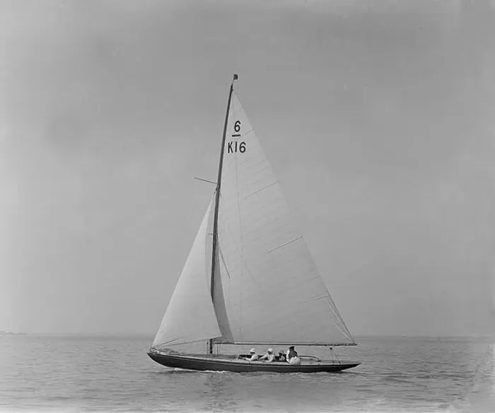 Framed Print : The 6 Metre class boat Jean (K16) sailing close-hauled, 1921. Creator: Kirk & Sons of Cowes Framed Print : The 6 Metre class boat Jean (K16) sailing close-hauled, 1921. Creator: Kirk & Sons of Cowes