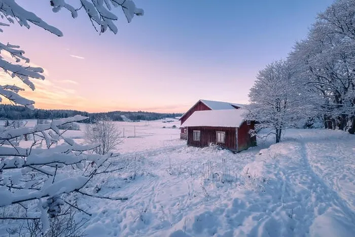 Framed Print : Abandoned house with snowy landscape and sunset at winter evening in Finland Framed Print : Abandoned house with snowy landscape and sunset at winter evening in Finland