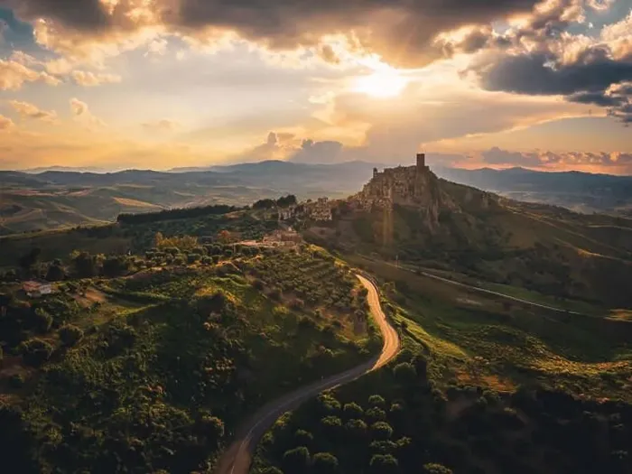 Framed Print : The abandoned village of Craco, Basilicata region, Italy. Aerial view. Magical view, shot at golden hour at sunset Framed Print : The abandoned village of Craco, Basilicata region, Italy. Aerial view. Magical view, shot at golden hour at sunset