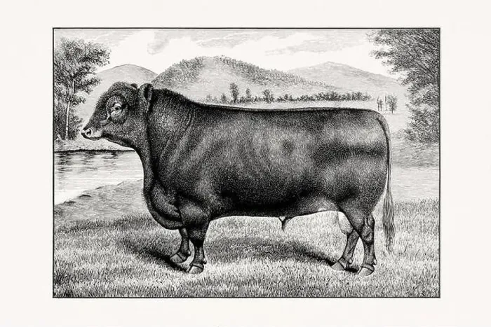 Framed Print : Aberdeen Angus Cattle. Antique cattle illustration of a bull from an 1887 livestock book