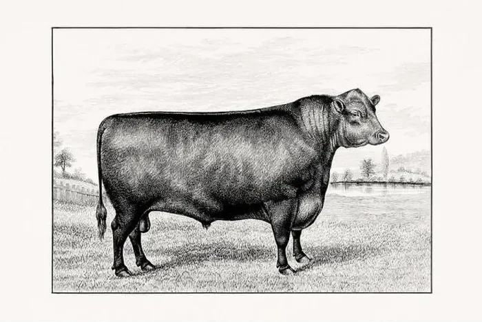 Framed Print : Aberdeen Angus Cattle. Antique cattle illustration of a bull from an 1887 livestock book