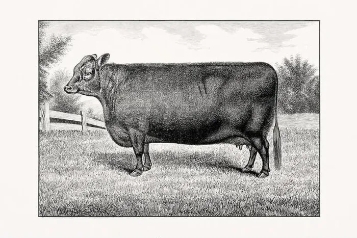 Framed Print : Aberdeen Angus Cattle. Vintage cattle illustration of a cow from an 1887 livestock book
