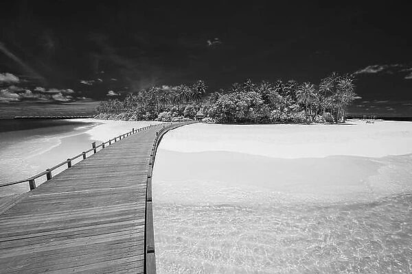 Abstract black and white beach landscape, tropical nature. Artistic resort with wooden jetty into paradise island. Dramatic island, shore, coast with