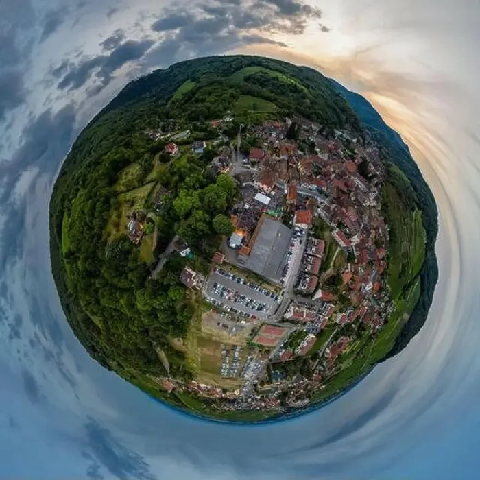 Framed Print : Abstract image of a small planet. Taken from the drone. Circular panorama. France Framed Print : Abstract image of a small planet. Taken from the drone. Circular panorama. France