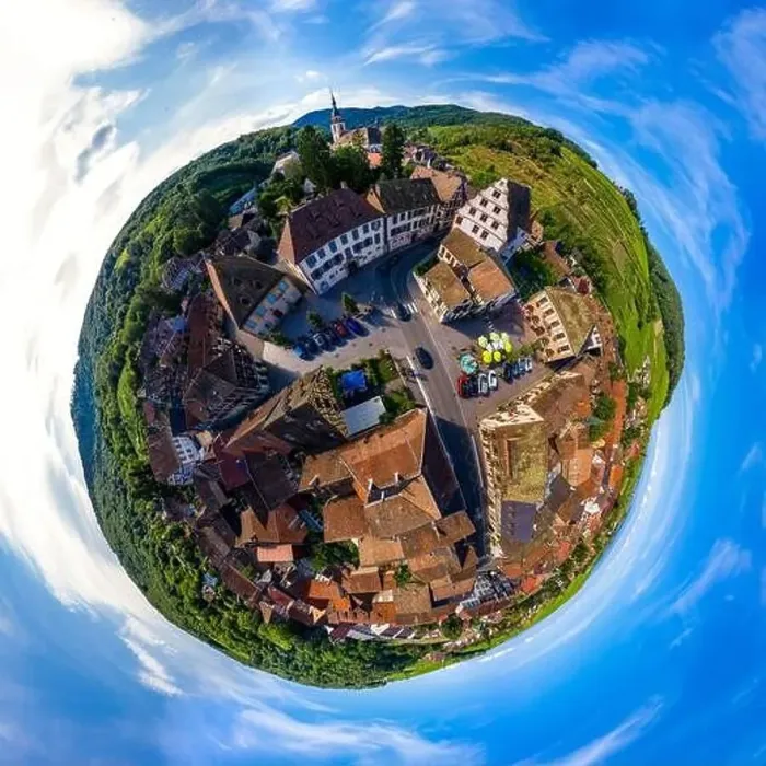 Framed Print : Abstract image of a small planet. Taken from the drone. Circular panorama. France Framed Print : Abstract image of a small planet. Taken from the drone. Circular panorama. France