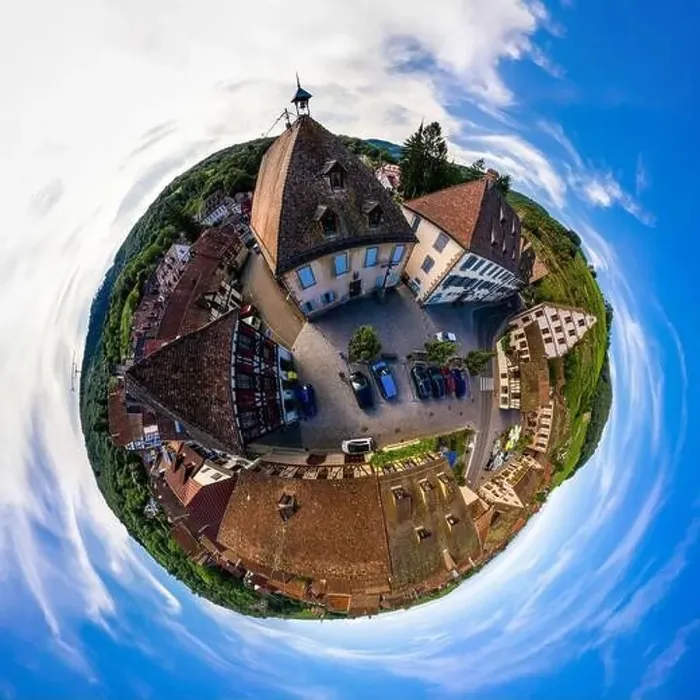 Framed Print : Abstract image of a small planet. Taken from the drone. Circular panorama. France Framed Print : Abstract image of a small planet. Taken from the drone. Circular panorama. France