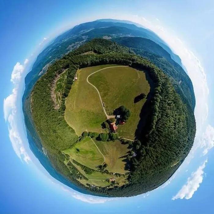 Framed Print : Abstract image of a small planet. Taken from the drone. Circular panorama. France Framed Print : Abstract image of a small planet. Taken from the drone. Circular panorama. France