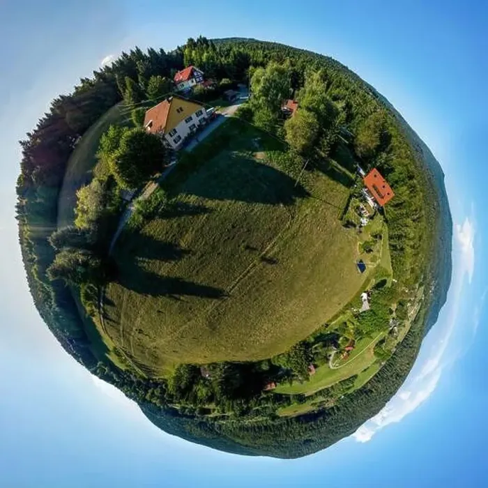 Framed Print : Abstract image of a small planet. Taken from the drone. Circular panorama. France Framed Print : Abstract image of a small planet. Taken from the drone. Circular panorama. France