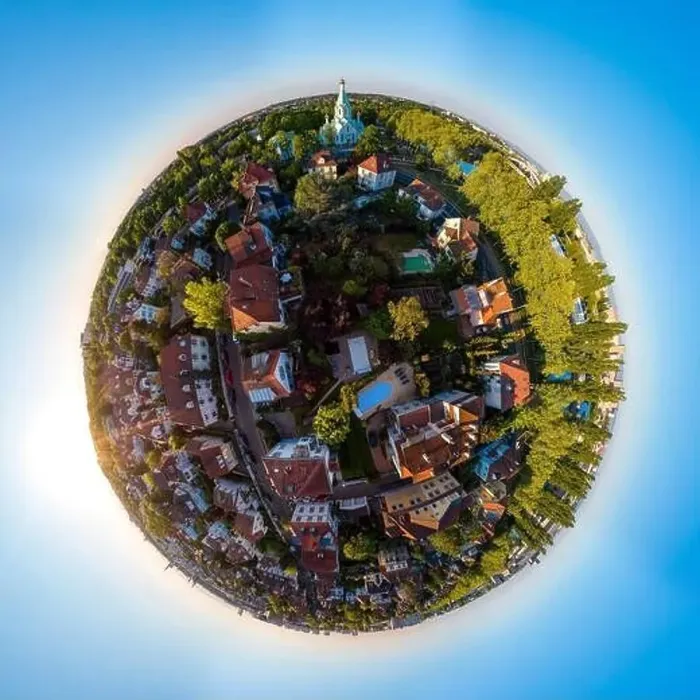 Framed Print : Abstract image of a small planet. Taken from the drone. Circular panorama. France Framed Print : Abstract image of a small planet. Taken from the drone. Circular panorama. France