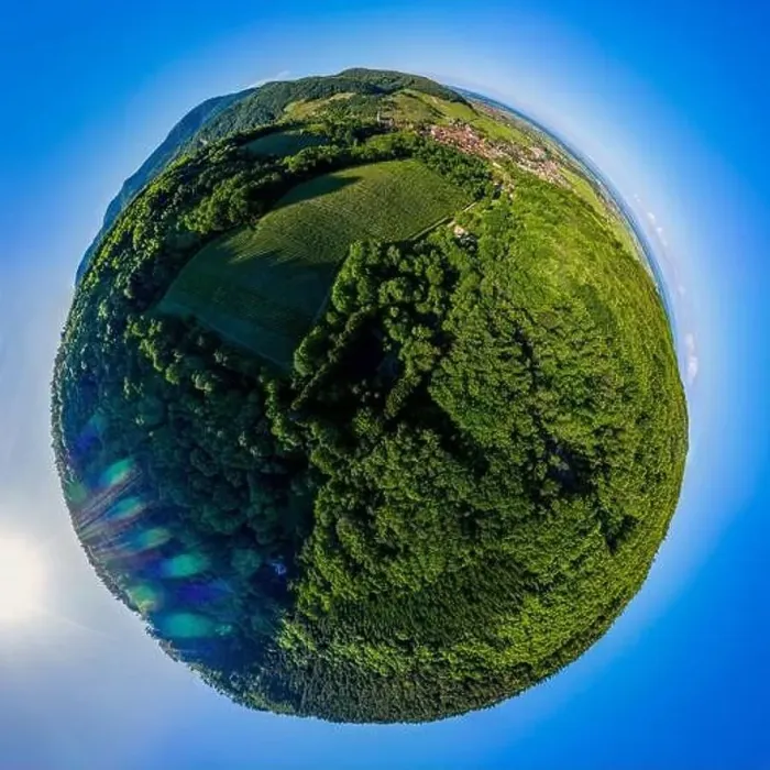 Framed Print : Abstract image of a small planet. Taken from the drone. Circular panorama. France Framed Print : Abstract image of a small planet. Taken from the drone. Circular panorama. France