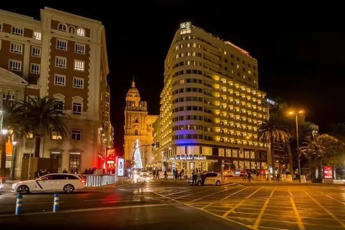 Framed Print : AC Hotel Malaga Palacio, at night during Christmas, Malaga, Andalusia, Costa del sol, Spain Framed Print : AC Hotel Malaga Palacio, at night during Christmas, Malaga, Andalusia, Costa del sol, Spain