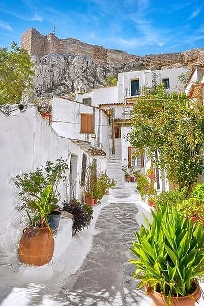 Acropolis and white houses in the Anafiotika quarter, neighborhood of Plaka, Athens, Greece