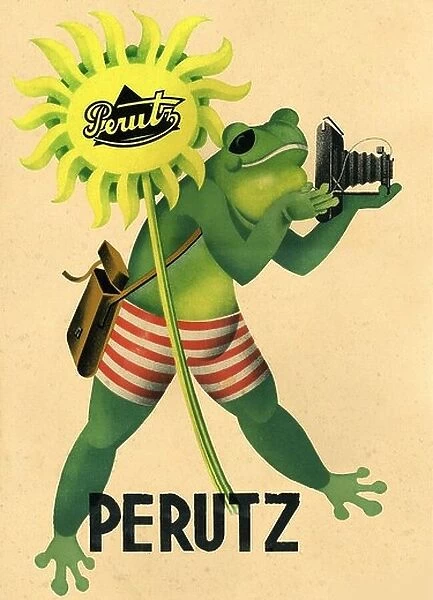 advertising, advertising sign for Perutz photographic film, frog is taking a photo, Perutz Photowerke GmbH, Munich, Perutz was taken over by Agfa in
