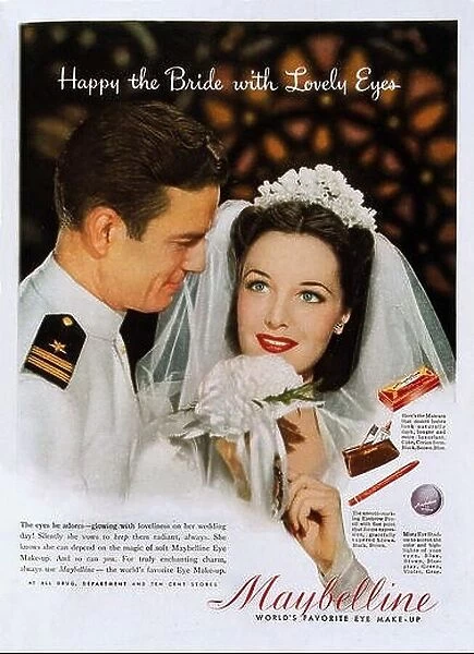 advertising, cosmetic, make-up, Maybelline Eye Make-Up, 'Happy the Bride with Lovely Eyes', advertisement, in English, 1950s