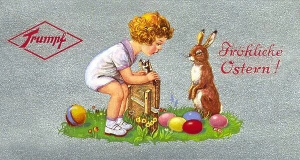 advertising, Happy Easter, child and easter-bunny, Trumpf chocolate, Germany, circa 1929, Additional-Rights-Clearences-Not Available