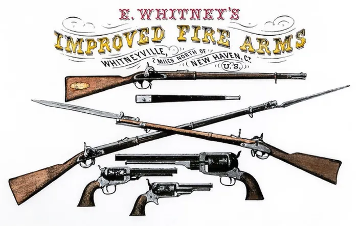 Framed Print : Advertisement for Whitney's Improved Firearms, 1800s. Hand-colored woodcut Framed Print : Advertisement for Whitney's Improved Firearms, 1800s. Hand-colored woodcut