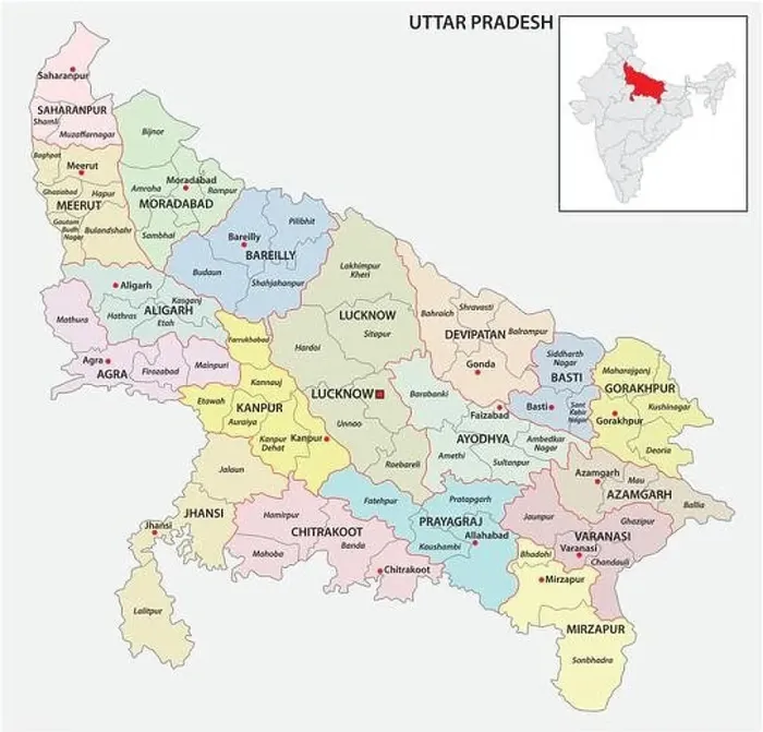 Framed Print : administrative and political map of indian state of Uttar Pradesh, india
