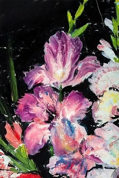 Adorable painting flowers on black background, new creative artwork. Hand drawn oil painting. Abstract art background. Oil painting on canvas. Color