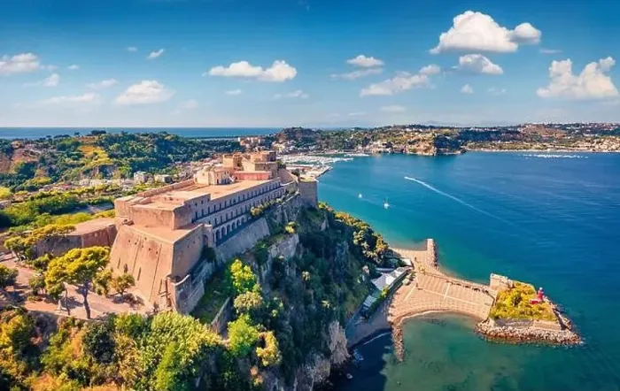 Framed Print : Adorable view from flying drone of Aragonese Castle of Baia