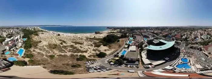 Framed Print : Aerial 360 Degree full sphere Panoramic photo view of the beach front on the beach of Sunny Beach in Bulgaria showing Framed Print : Aerial 360 Degree full sphere Panoramic photo view of the beach front on the beach of Sunny Beach in Bulgaria showing