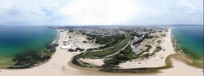 Framed Print : Aerial 360 Degree full sphere Panoramic photo view of the beach front on the beach of Sunny Beach in Bulgaria showing Framed Print : Aerial 360 Degree full sphere Panoramic photo view of the beach front on the beach of Sunny Beach in Bulgaria showing
